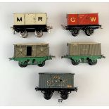 Hornby ‘O’ gauge - 5 vans – Carr’s Biscuits, NE Fish, Gunpowder, LMS Meat and Luggage