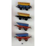 4 Hornby ‘O’ gauge Rotary Tipping Wagons – Yellow Meccano 1931, Trinidad Lake Asphalt 1949 and 2 x