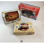3 boxed vehicles – Corgi Classic Commercials Thornycroft bus, Ertl Case 1913 Model T Bank and Case