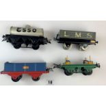 Esso Tanker 4w, LMS grey open wagon, blue/red PLM open wagon and green/yellow lumber wagon