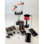 Gauge ‘1’ water tank/signal double arm, roller driven notice board cabinet, 2 x 6 wheel bogies, 1