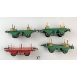 Hornby ‘O’ gauge – 3 lumber wagons 4w no. 1 1933 and 1 fibre wagon 4w 1931