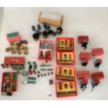 Hornby Series trunks, ticket machines, benches, fire hut, signs, weighing machines, platform figures