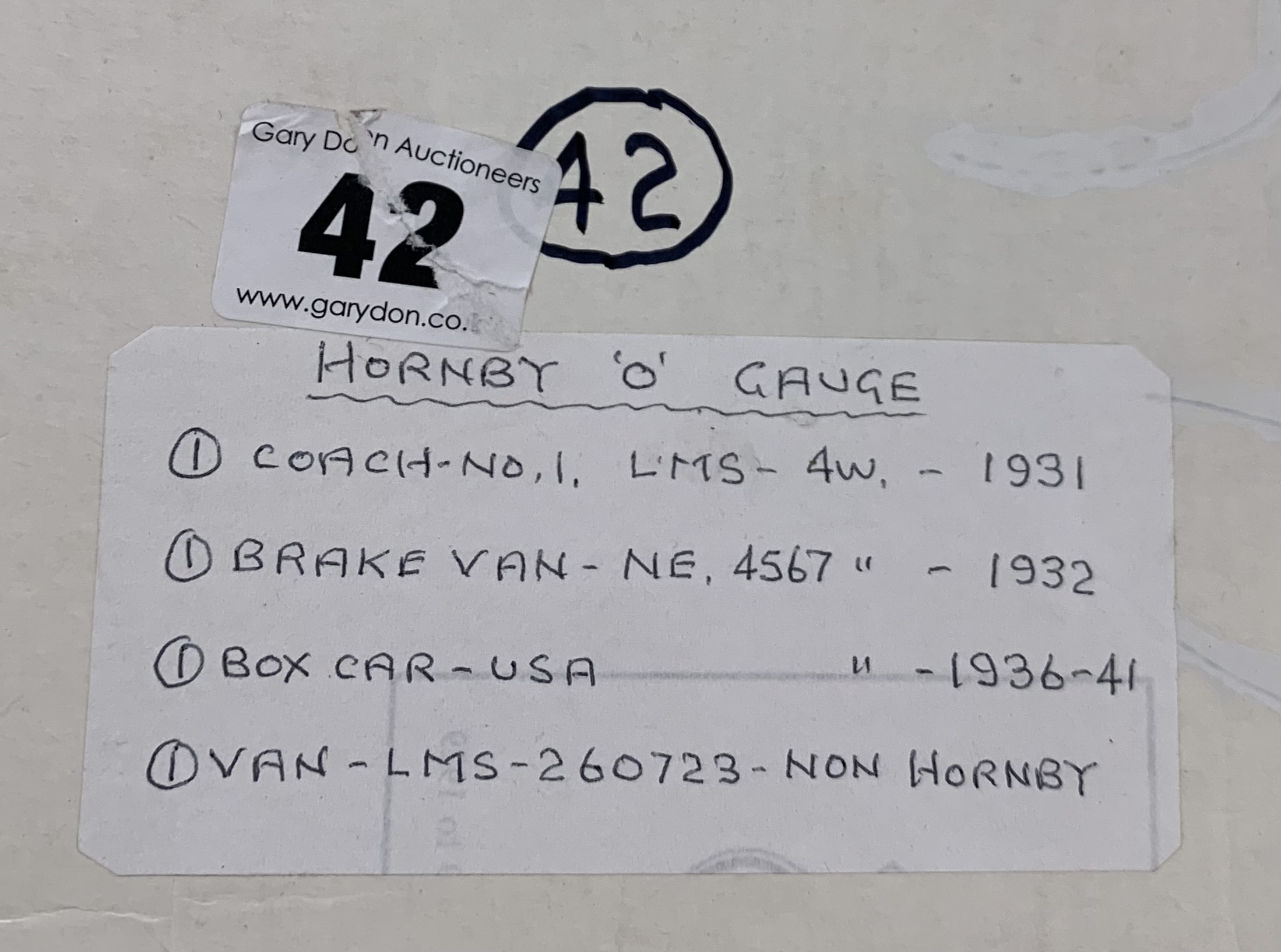 Hornby ‘O’ gauge – Coach no. 1 LMS 4w, Brake Van NE4567 4w, Box car USA 4w and Van LMS 260723 non - Image 8 of 8