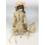 Porcelain Doll with Victorian Outfit, hat and matching parasol on stand, S12H 719 DEP, 20” high