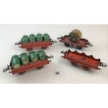 Hornby ‘O’ gauge – Flat truck 4w cable drum and 3 barrel wagons 4w
