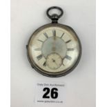 Silver pocket watch, H. Samuel Manchester. 2” diameter. Not running. Total w: 4.6 ozt
