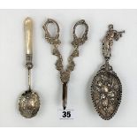 Pair of embossed silver plated candle snuffers, silver plated embossed spoon with Grecian figure