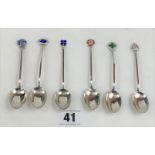 6 silver teaspoons with enamel tops, total w: 1.4 ozt