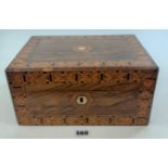 Inlaid antique sewing box complete with sewing materials 11” x 8” x 5” high.