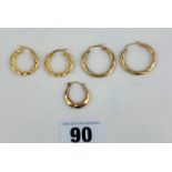 2 pairs and 1 single 9k gold hoop earrings, total w: 3.1 gms