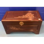 Chinese carved camphorwood blanket box 29”l x 15.5”h x 14”d