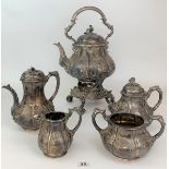 Superb 5 piece silver tea set comprising spirit kettle on stand, teapot, coffee pot, sugar bowl