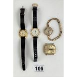 4 watches – Sekonda USSR with leather strap, Avia quartz with leather strap, 9k gold Johnston &