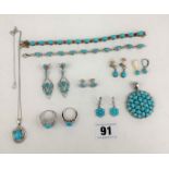 Quantity of silver and turquoise jewellery including 2 bracelets, necklace with pendant, round