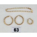 9k gold bracelet 7” long, pair of large 9k hoop earrings and single hoop earring, total w: 3.4 gms