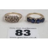 2 x 9k gold dress rings – blue stone ring size L and brown stone ring size N, total w: 4.3 gms