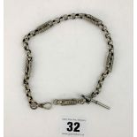 Silver watch chain, length 14” with t-bar. Total w: 0.9 ozt