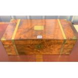 Brass bound walnut writing slope with green baize and fitted interior 20”w x 10”d x 7”h