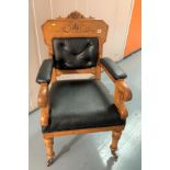 Carved oak and leather hall chair, 24”w x 23”d x 41”h