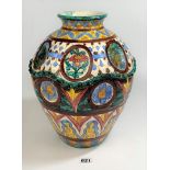 Large Majolica vase with various painted panels marked with letter A underneath, 14.5” high