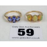 2 x 9k gold dress rings – blue stone ring size L, opal stone ring size L, total w: 3.7 gms