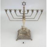 Silver menorah, 1 candle holder damaged. Engraved ‘Jean & Lou, March 7th, 1939’. 11” high. Total