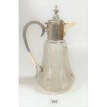 Silver top and silver handled glass claret jug 11”high