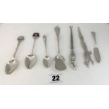 2 silver souvenir spoons ‘Jersey’ and ‘Wakefield’, silver teaspoon, embossed silver sugar scoop,