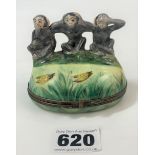 Limoge hinged porcelain oval trinket box with 3 monkeys on lid ‘Hear no Evil, See No Evil, Speak