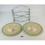 Pair of Burleigh Ware plates in the style of Clarice Cliff with orange tree design and 2 tier chrome