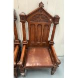 Masonic carved warden’s chair with leather seat 30”w x 23”d x 57”h