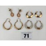 4 pairs of 9k gold earrings – 3 hoop and 1 cameo, total w: 7.9 gms