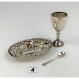 Silver embossed oval sweet dish 5” long and silver egg cup 3.5” high with plated spoon, total w: 2