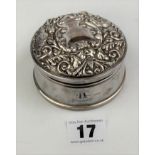 Embossed lidded trinket box 3.5” diameter x 2” high, total w: 5.6 ozt (weighted and lined)