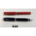 Blue/green roller ball pen and a red Sheaffer roller ball pen