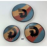 Set of 3 graduating hand painted pottery plates signed ‘J. Solano’, 9.5”, 7.5” and 6” diameter