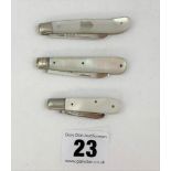 3 small silver bladed penknives with mother of pearl handles, largest 2.5” long