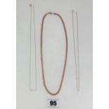3 x 9k gold necklaces – rose gold 18” long, yellow gold 15.5” and 17” long, total w: 5.2 gms