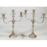 Pair of weighted silver convertible 3 armed candelabras/candlesticks with extra sconce, 15.5” high