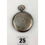 Silver pocket watch by Bruer & Sons, London. 2” diameter. No glass on face. Not running. Total w: