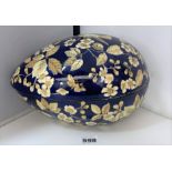 Large porcelain egg dish decorated with birds and foliage, 11” long x 7”h. Damage to lid