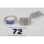 2 x 9k white gold dress rings – blue stone ring size N, white stone ring size N, total w: 6.7 gms