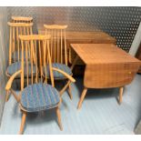 Blond Ercol dining suite comprising dropleaf table 28”h x 29”l x 25” w (closed) and 53”w (open),