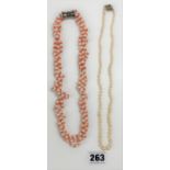 Orange stone and pearl necklace 18” long and pearl necklace 19”long