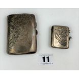 Embossed silver cigarette case 3” long and embossed silver vesta case 1.75” long. Total w: 2.9 ozt