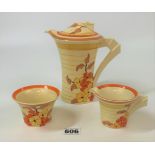 Clarice Cliff Bizarre Orange Hydrangea 3 piece coffee set comprising coffee pot 7.5”h, sugar bowl