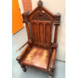 Masonic carved warden’s chair with leather seat 30”w x 24”d x 59”h