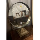 Round swivel table top mirror on brass base, 15” diameter