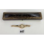 9k gold Longines ladies watch on 9k gold bracelet. Total w: 19.3 gms. In original box. Running